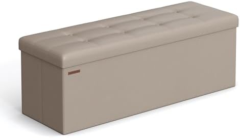 SONGMICS Mazie Collection - 43 Inches Folding Storage Ottoman Bench, Ottoman with Storage, Foot Rest Stool, Load 660 lb, for Living Room, Synthetic Leather, Camel Brown ULSF070K03