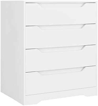 HOSTACK White Dresser, 4 Drawers Dresser, Modern Chest of Drawers with Cut-Out Handles, Small Dressers with Drawer, Wood Makeup Chest Organizer for Living Room, Entryway, Home Office, White
