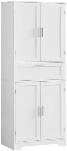 Iwell Tall Storage Cabinet with Adjustable Shelf & 1 Large Drawer, Pantry Cabinet with 4 Doors, Kitchen Cabinets for Dining Room, Living Room, Home Office, White