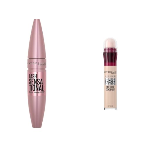 Maybelline Lash Sensational Washable Mascara, Lengthening and Volumizing for a Full Fan Effect & Instant Age Rewind Eraser Dark Circles Treatment Multi-Use Concealer, 110, 1 Count