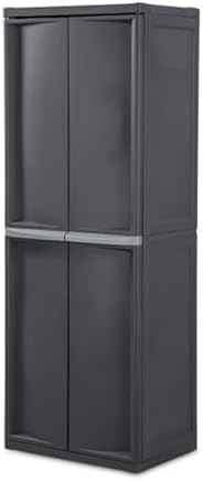 Sterilite Storage Cabinet, Rugged Plastic Garage Organizer with Double Doors, 4 Adjustable Shelves, Gray