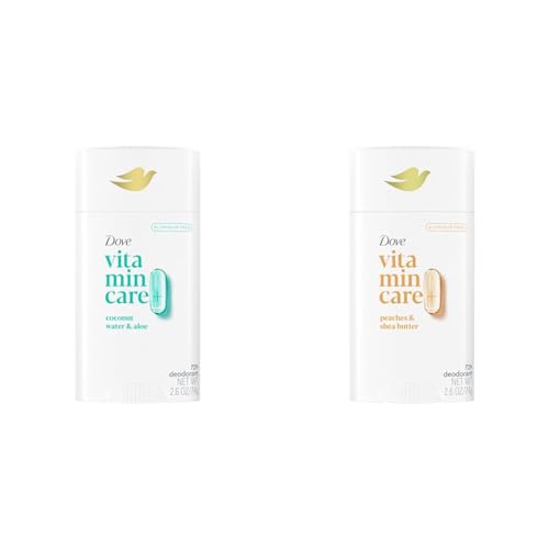 Dove VitaminCare+ Aluminum Free Deodorant Stick Coconut Water & Aloe 2.6 oz and Peaches & Shea Butter 2.6 oz Bundle