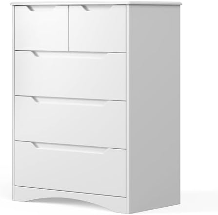 Gizoon 5 Drawers Chest, White Dresser for Bedroom with Large Storage Capacity, Chest of Drawers with Embedded Handle, Deep-Drawer Dresser for Closet with Anti-Tip KitοΌfor Hallway, Office, Living Room