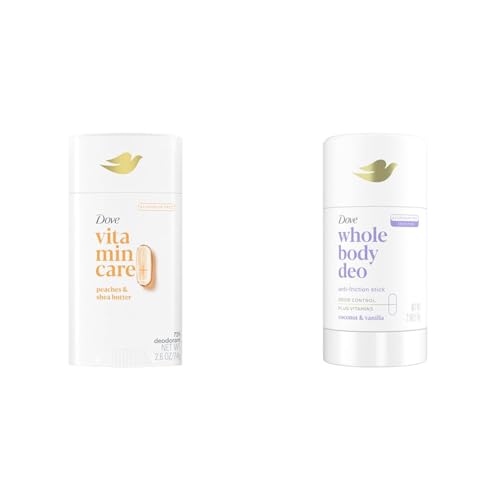 Dove VitaminCare+ Aluminum Free Deodorant Stick Peaches & Shea Butter for 72H Odor Protection and Dove Whole Body Deo Aluminum Free Anti-Friction Deodorant Stick Coconut + Vanilla for All Day Odor Control Bundle