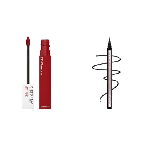 MAYBELLINE Super Stay Matte Ink Liquid Lipstick Makeup, Long Lasting High Impact Color & Hyper Easy Liquid Pen No-Skip Eyeliner, Satin Finish, Waterproof Formula, Pitch Black