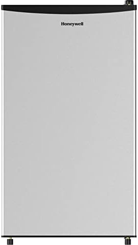 Honeywell Compact Refrigerator 3.3 Cu Ft Mini Fridge with Freezer, Single Door, Low noise, Removable Shelves, for Bedroom, Office, Dorm with Adjustable Temperature Settings, Stainless Steel