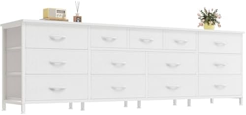 Huuger 70 Inch White Dresser for Bedroom, TV Stand for 65, 75, 80 Inch TV, 13 Fabric Drawer Long Dresser, Wide Chest of Drawer, Storage Units for Bedroom
