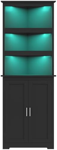 TEENFON Tall Corner Cabinet with LED Lights, Gothic Style Corner Storage Cabinets with Doors, 5-Tier Bathroom Cabinet, Living Room, Dining Room, Black