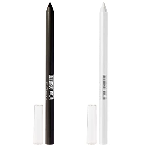 MAYBELLINE Tattoo Studio Sharpenable Gel Pencil Longwear Eyeliner Makeup Bundle, Includes 1 Polished White Eyeliner Pencil and Deep Onyx Eyeliner Pencil