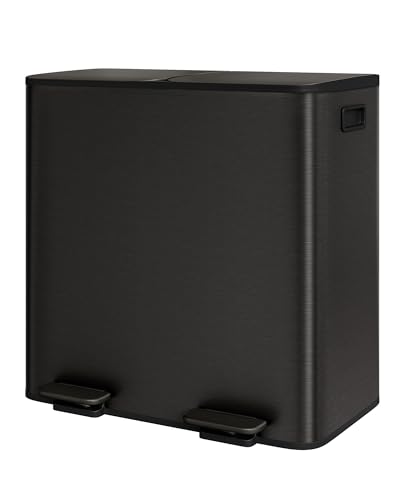 GarveeHome 2 x 10.6 gal Stainless Steel Double Trash Can with Lid for Kitchen, Large Dual Trash and Recycle Bin Combo, Step-on Kitchen Metal Garbage Cans, PP Inner Buckets, Liner Rim, Matte Black