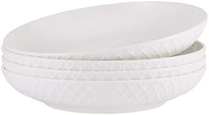 Mikasa Trellis Bone China 8-Inch Pasta Bowls Set of 4, Lightweight, Chip-Resistant White Porcelain, Dishwasher and Microwave Safe