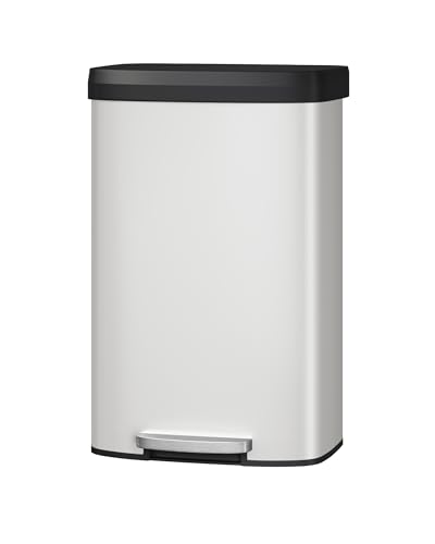 Garvee 21 gal / 80 L Metal Trash Can with Lid, Large Garbage Can for Kitchen, Rustproof Step-on Kitchen Metal Trash Bin with Liner Rim, Rear Handle, Soft Close Plastic Lid, White