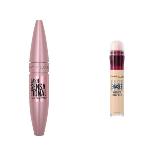 Maybelline Lash Sensational Washable Mascara, Lengthening and Volumizing & Instant Age Rewind Eraser Dark Circles Treatment Multi-Use Concealer, 100, 1 Count