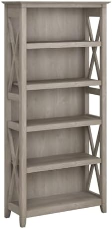 Bush Furniture Tall 5 Shelf Bookcase for Living Room or Home Office, Large Bookshelf, Modern Farmhouse Style, Key West Collection, Washed Gray