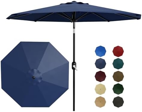 Patio Umbrella 9ft, Table Umbrella Outdoor Patio UV Protection with Crank Lift & Push Button Tilt, 8 Sturdy Ribs for Yard, Deck, Pool - Navy Blue