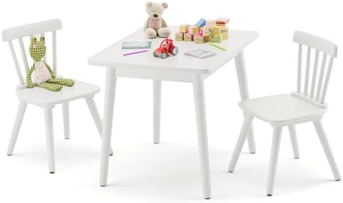 Curipeer Windsor Kids Table and 2 Chair Set, Rubberwood Toddler Table and Chair Set for Art, Play, Craft, Activity, with Non-Slip Legs Round Edge Design, White