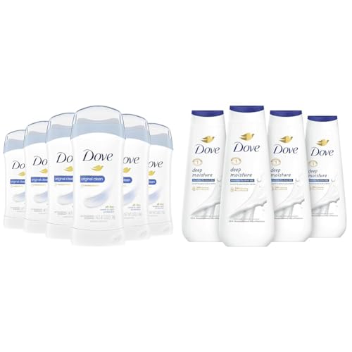 Dove Invisible Solid Antiperspirant Deodorant Stick for Women Original Clean Pack of 6 and Dove Body Wash Deep Moisture Count For Dry Skin Moisturizing Skin Cleanser 20 oz