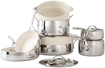 Bloomhouse 12 Piece Triply Stainless Steel Pots and Pans Cookware Set w/Non-Stick Non-Toxic Ceramic Interior, Ceramic Steamer Inserts, & 12 Protective Care Bags