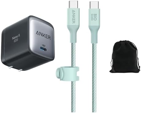 Anker Nano II 65W USB-C Power Adapter GaN Charger & Bio-Nylon USB-C to USB-C Cable 10ft, Fast Charging for Laptops, Tablets, and Phones Heavy-Duty - 30,000 Bend Lifespan, Includes Travel Pouch