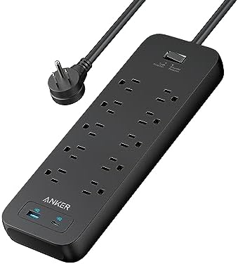 Anker Power Strip Surge Protector(2100J), 6Ft/1.8m Extension Cord with 10 Outlets and 2 USB Ports,for iPhone 15/15 Plus/15 Pro/15 Pro Max,Flag Plug,Wall Mount Holes for Home,Office,ETL Listed, Black