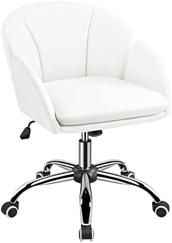 Yaheetech White Desk Chair Vanity Chair with Back Modern Faux Leather Swivel Rolling Office Computer Armchair for Living Room, Bedroom
