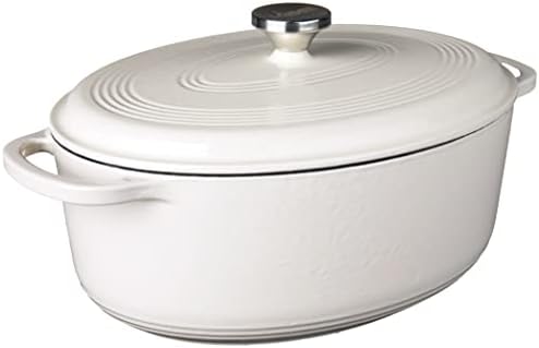 Lodge 7 Quart Enameled Cast Iron Oval Dutch Oven with Lid – Dual Handles – Oven Safe up to 500° F or on Stovetop - Use to Marinate, Cook, Bake, Refrigerate and Serve – Oyster White
