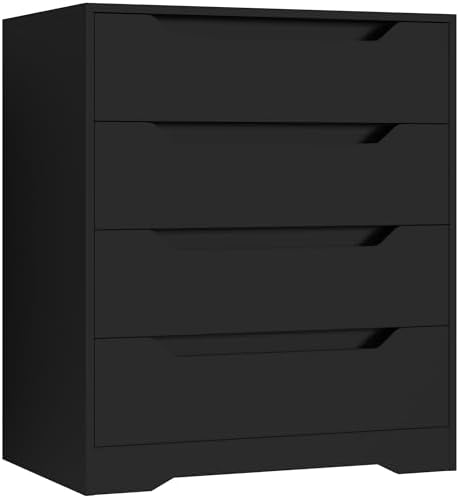 HOSTACK Black Dresser, 4 Drawers Dresser, Modern Chest of Drawers with Cut-Out Handles, Small Dressers with Drawer, Wood Makeup Chest Organizer for Living Room, Entryway, Home Office, Black