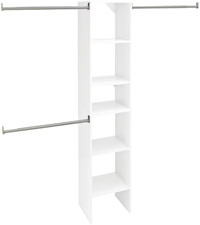 ClosetMaid SuiteSymphony Wood Closet Organizer Starter Kit with Tower and 3 Hang Rods, Shelves, Adjustable, Fits Spaces 4 – 9 ft. Wide, Engineered Wood, Pure White, 16"