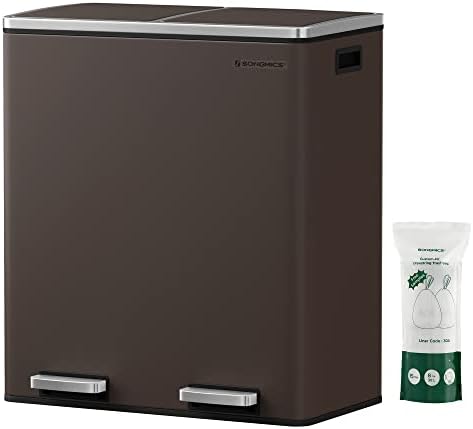 SONGMICS Trash Can, 2 x 8 Gallon (2 x 30 L) Garbage Can for Kitchen, with 15 Trash Bags, 2 Compartments, Plastic Inner Buckets and Hinged Lids, Airtight, Brown ULTB60BR