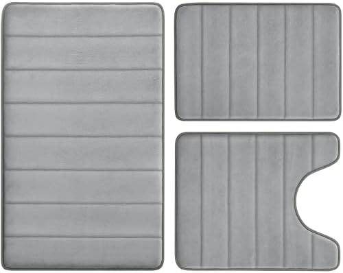 BYSURE Grey Memory Foam Bathroom Rug Set 3 Piece, Non Slip Extra Soft Absorbent Bath Mats, Machine Washable & Dry Toilet Mat Sets for Bathroom Floor