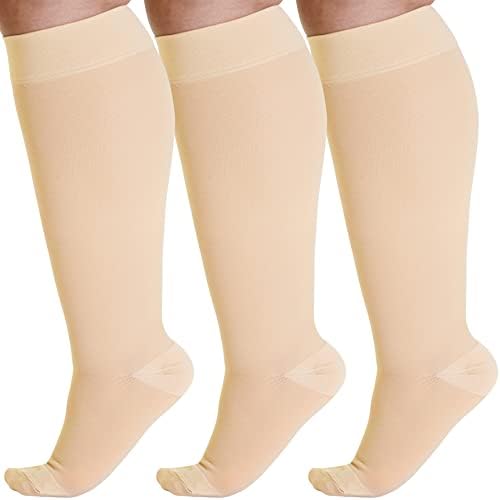 (3 Pairs) Opaque Compression Socks for Women and Men 20-30mmHg - Knee High Graduated Compression Stockings for Swelling, Edema, Sclerotherapy, Diabetic - Beige, Small - A501BE1-3