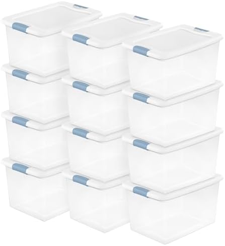 Sterilite 12 Pack Latching Box, Under Bed Storage Bins with Lids, Clear Plastic, 64 Quart - Heavy-Duty Organizing Containers for Closet, Bathroom, and Office