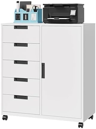 Letaya 5 Drawer Storage Cabinet, Mobile Printer Stand for Home Office,Dresser Chest with Shelves and Door(White)