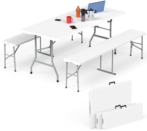 HLPB Folding Table Picnic Table Set, 6 ft Camping Table with 2 Benches, Outdoor Indoor Portable Folding Furniture for Working Meeting Party, Camping, Picnic, Weddings w/Handle and Safety Locks, White