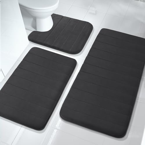 Yimobra 3 Pieces Memory Foam Bath Mat Set with U-Shaped Toilet Rug - Non Slip Super Soft Absorbent Quick Dry Bathroom Rugs for Bathtub, Vanity & Toilet Base, Black