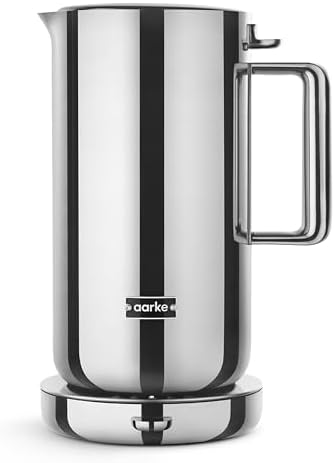 Aarke Stainless Steel Kettle - Perfect for Coffee and Tea Maker Enthusiasts, Non-Drip Spout, Double-Wall Construction, Dry Boil Protection, Heat-Safe Handle, LED Cool-Down Indicator, 1.2L (Steel)
