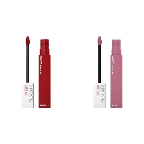 MAYBELLINE Super Stay Matte Ink Liquid Lipstick Bundle - Exhilarator Ruby Red & Revolutionary Light Mauve Pink, 16H Wear, 1 Count Each