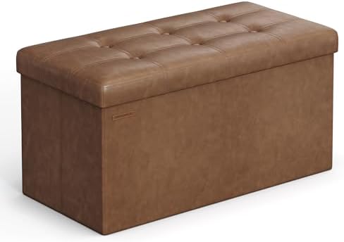 SONGMICS Mazie Collection - 30 Inches Folding Storage Ottoman Bench, Ottoman with Storage, Foot Rest Stool, Load 660 lb, for Living Room, Synthetic Leather, Coffee Brown ULSF040K11