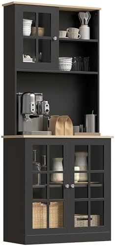 HOMCOM Kitchen Pantry Storage Cabinet, 72" Freestanding Cabinet with Hutch, Large Countertop, Glass Doors and Adjustable Shelves for Dining Room, Black