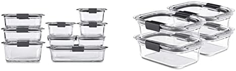 Rubbermaid Brilliance Glass Storage Set of 9 Food Containers, Clear & Brilliance Glass Storage 3.2-Cup Food Containers with Lids, 4-Pack (8 Pieces Total), BPA Free and Leak Proof, Medium, Clear