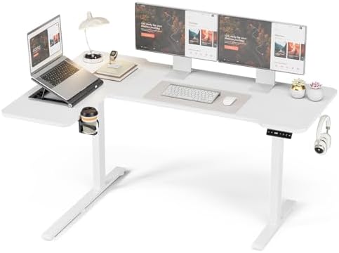 59 Inch L Shaped Standing Desk Adjustable Height, Electric Corner Standing Desk, Sit Stand Computer Table with Reversiable Splice Board,White