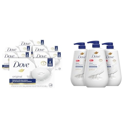 Dove Beauty Bar Original Moisturizing Bar Made With 1/4 Moisturizing Cream, Gentle for Soft Skin - 24 Count & Body Wash with Pump Deep Moisture For Dry Skin Moisturizing Skin Cleanser