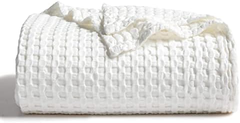 Bedsure Cooling Cotton Waffle Weave Throw Blanket - Lightweight Breathable Blanket of Rayon Derived from Bamboo for Hot Sleepers, Luxury Throws for Bed, Couch and Sofa, Ivory, 50x70 Inches