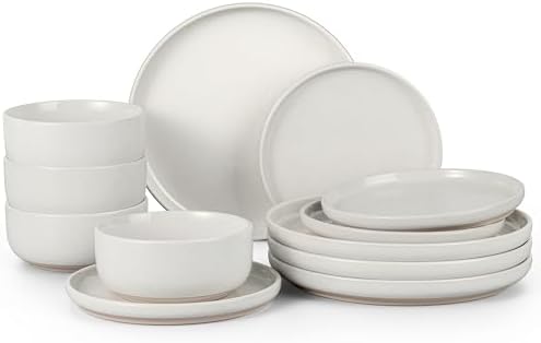 HaWare Stoneware Dinnerware Sets, 12-Piece Plates and Bowls Set for 4, Dishes Set for Home Restaurant, Speckled Milky White