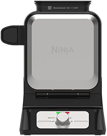 Ninja BW1001 NeverStick PRO Belgian Waffle Maker, Vertical Design, 5 Shade Settings, with Precision-Pour Cup & Chef-curated Recipe Guide, Black & Silver