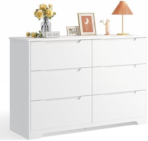 Gizoon 6 Drawer Double Dresser for Bedroom with Anti-Tip Design, Modern Wide Wooden Chest of Drawers with Cut-Out Handles, Closet Storage Organizer and TV Stand for Living Room, Hallway, Entryway