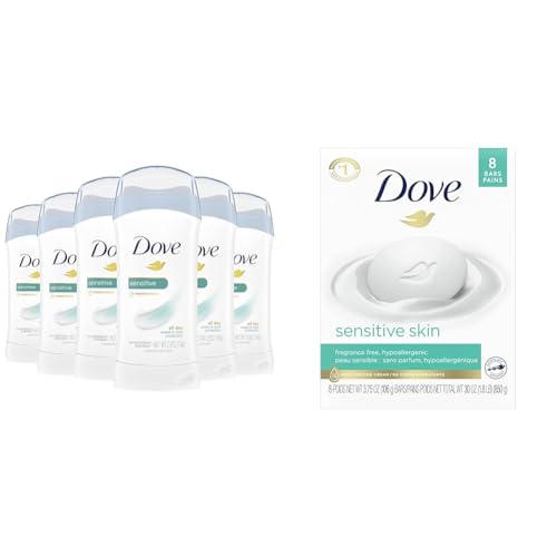 Dove Invisible Solid Antiperspirant Deodorant Stick for Women, 6 Count, Sensitive & Beauty Bar More Moisturizing Than Bar Soap for Softer Skin, Fragrance Free, Hypoallergenic