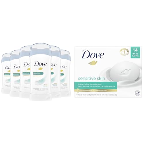 Dove Invisible Solid Antiperspirant Deodorant Stick for Women, 6 Count, Sensitive & Beauty Bar More Moisturizing Than Bar Soap for Softer Skin, Fragrance-Free