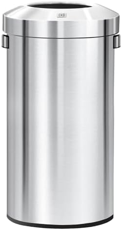 EKO 32-Gallon Round Stainless Steel Open Top Trash Can, Large Commercial Waste Bin with Detachable Lid and Carrying Handle, Brushed Metal Garbage Bin for Home, Office, Restaurant, Restroom