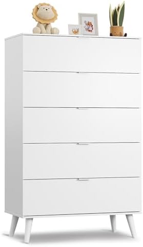 WLIVE 5 Drawer Dresser for Bedroom, Tall Wood Dresser, White Dressers Storage Organizer with Sturdy Metal Handle, Chest of Drawers for Living Room, Hallway, Closet